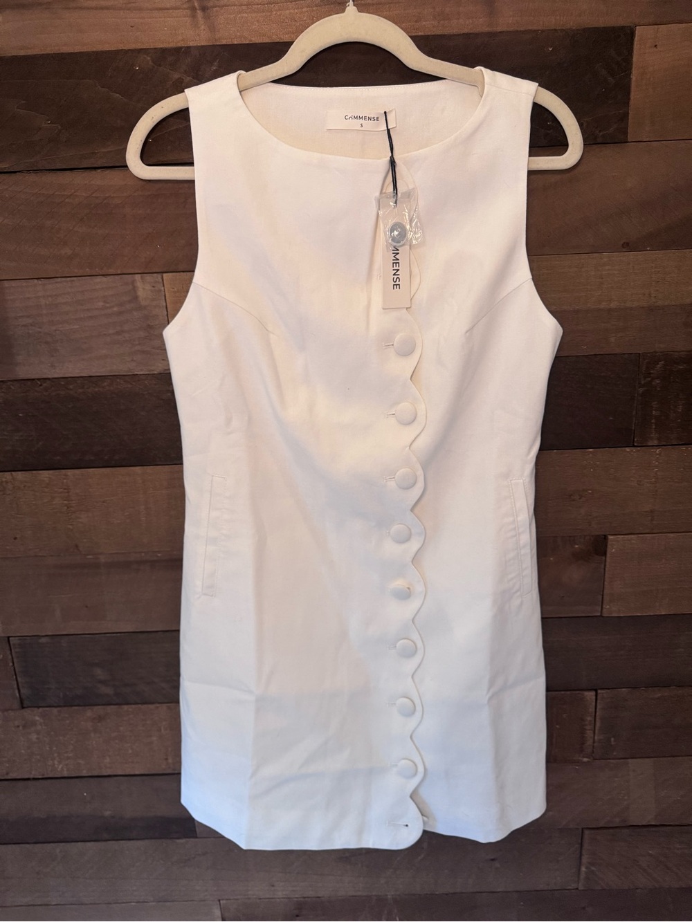 Commense Cream Sleeveless Mini Dress with Scallop Button Trim